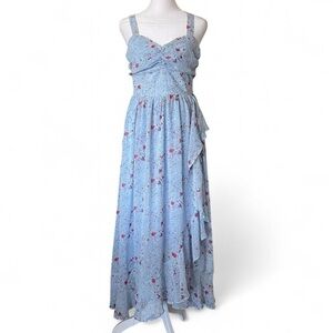 Lulus Dusty Blue Floral Print Ruffled Midi Dress w/ Sweetheart Neckline - Size S